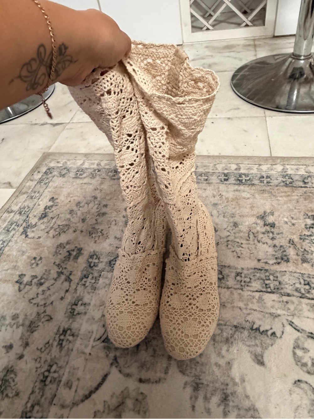 Crochet Knee-High Boots in Cream - Women's Stylish Summer Footwear